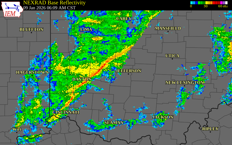 NEXRAD radar during the Friday, January 9, 2026 storm activity in Champaign County, Ohio