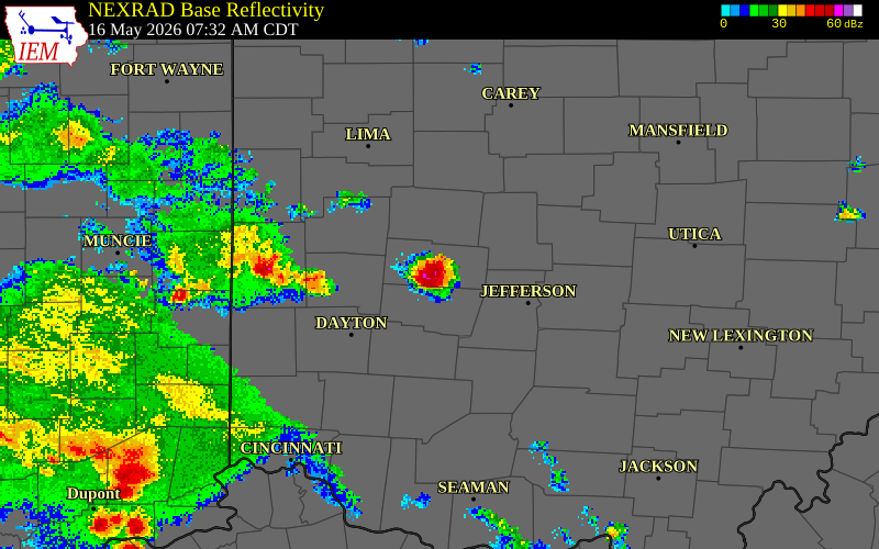 NEXRAD radar during the Saturday, May 16, 2026 storm activity in Champaign County, Ohio