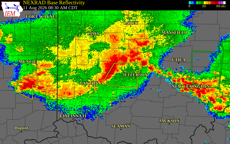 NEXRAD radar during the Tuesday, August 11, 2026 storm activity in Champaign County, Ohio