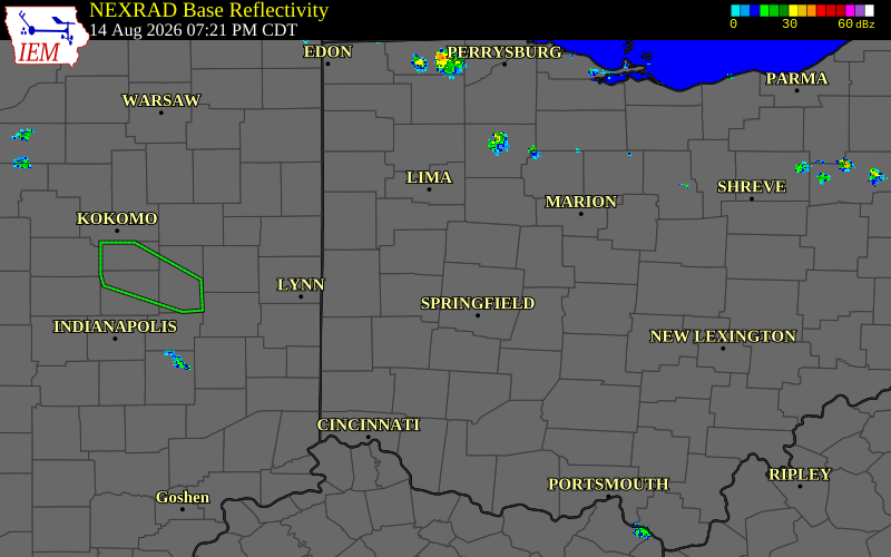 Radar snapshot during the Aug 11, 2026 tornado event near 3 WSW Mutual, Champaign County, Ohio, with NWS warning polygons