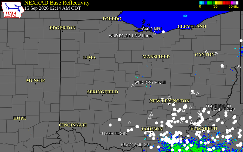Current NEXRAD radar over Champaign County, Ohio with recent storm report locations