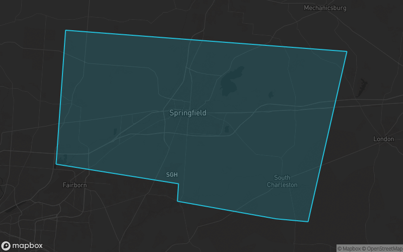 Map of Clark County, Ohio showing the county boundary and surrounding cities