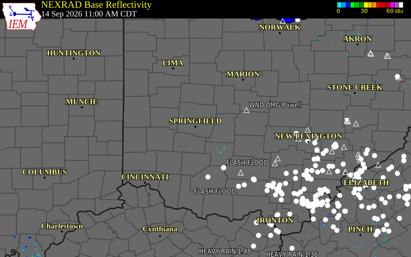 Current NEXRAD radar over Clark County, Ohio with recent storm report locations