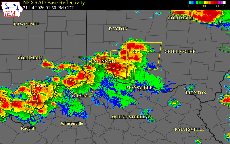 NEXRAD radar during the Tuesday, July 21, 2026 storm activity in Clermont County, Ohio