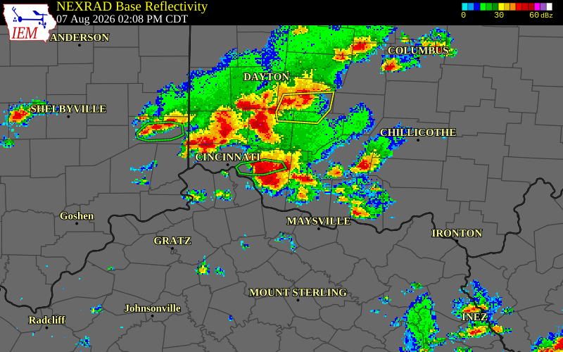 NEXRAD radar during the Friday, August 7, 2026 storm activity in Clermont County, Ohio