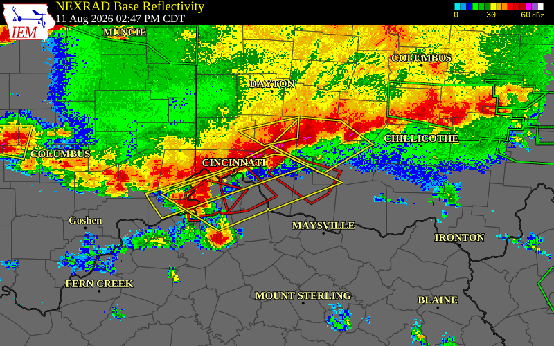 NEXRAD radar during the Tuesday, August 11, 2026 storm activity in Clermont County, Ohio