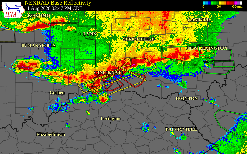 Radar snapshot during the Aug 11, 2026 tornado event near 1 W Owensville, Clermont County, Ohio, with NWS warning polygons
