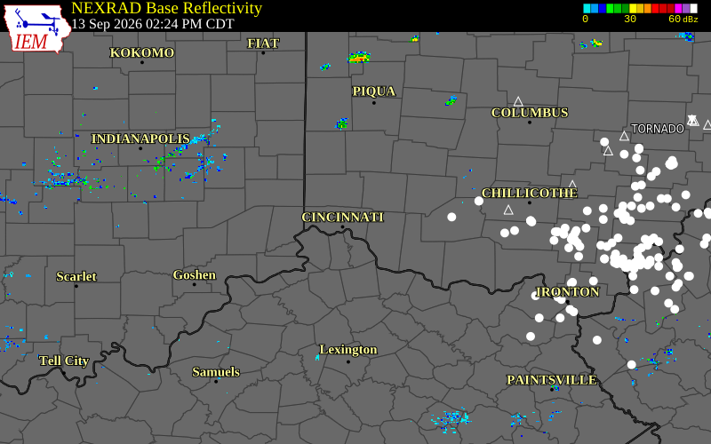 Current NEXRAD radar over Clermont County, Ohio with recent storm report locations