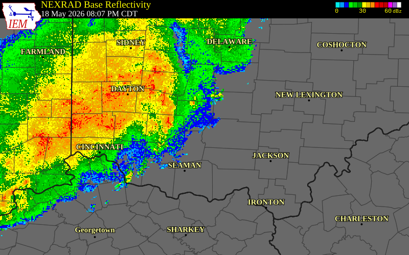 NEXRAD radar during the Monday, May 18, 2026 storm activity in Clinton County, Ohio