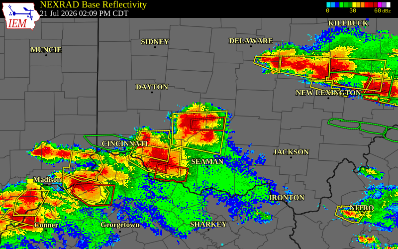 NEXRAD radar during the Tuesday, July 21, 2026 storm activity in Clinton County, Ohio