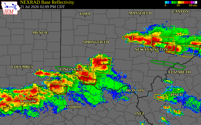 Radar snapshot during the Jul 21, 2026 tornado event near 5 SSW Sabina, Clinton County, Ohio, with NWS warning polygons