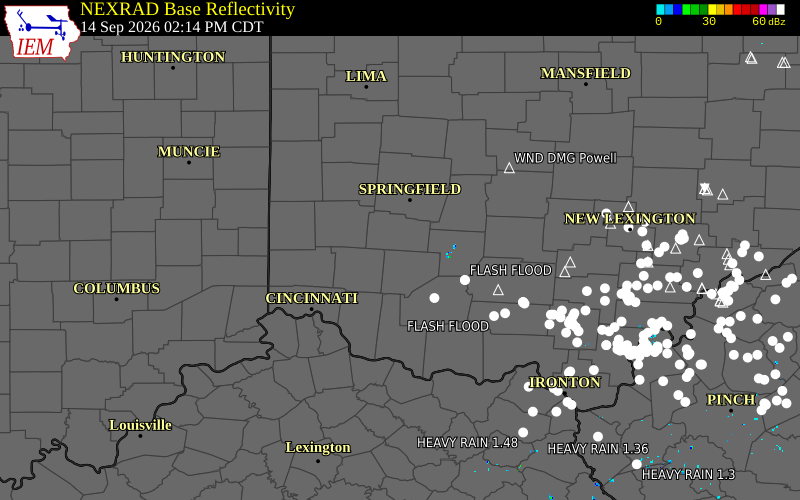 Current NEXRAD radar over Clinton County, Ohio with recent storm report locations