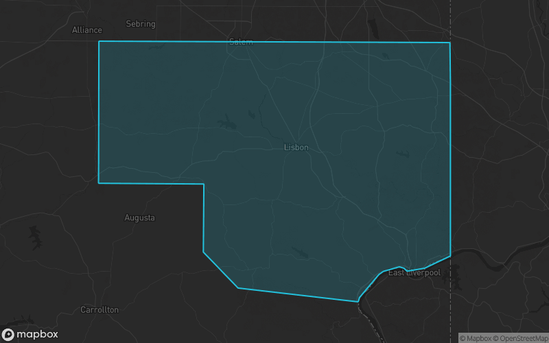 Map of Columbiana County, Ohio showing the county boundary and surrounding cities