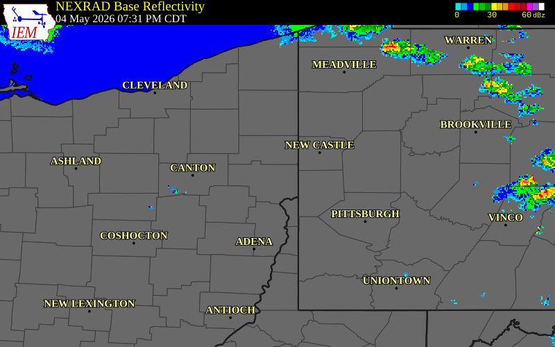 NEXRAD radar during the Monday, May 4, 2026 storm activity in Columbiana County, Ohio