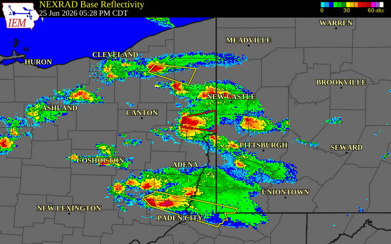 NEXRAD radar during the Thursday, June 25, 2026 storm activity in Columbiana County, Ohio