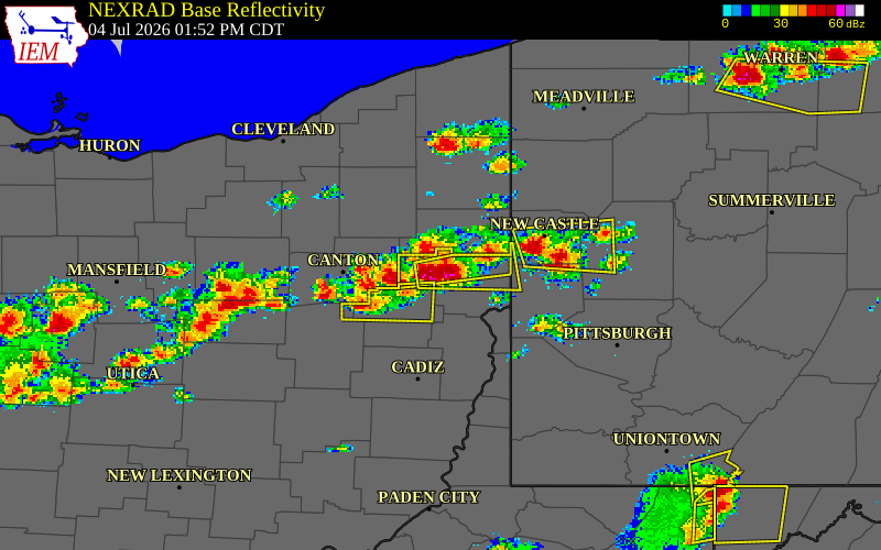 NEXRAD radar during the Saturday, July 4, 2026 storm activity in Columbiana County, Ohio