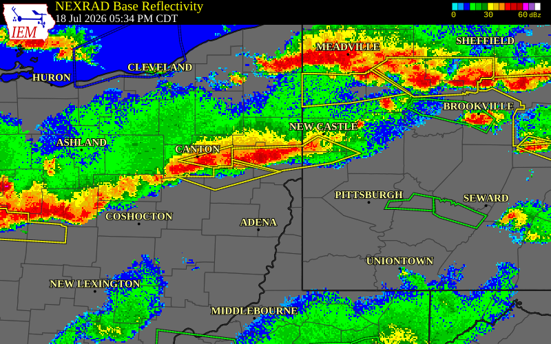 NEXRAD radar during the Saturday, July 18, 2026 storm activity in Columbiana County, Ohio