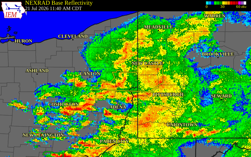 NEXRAD radar during the Tuesday, July 21, 2026 storm activity in Columbiana County, Ohio