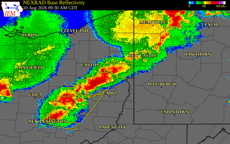 NEXRAD radar during the Monday, August 10, 2026 storm activity in Columbiana County, Ohio