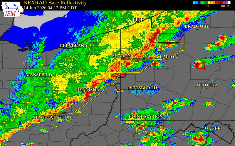 Radar snapshot during the Jun 14, 2026 tornado event near 3 N New Waterford, Columbiana County, Ohio, with NWS warning polygons