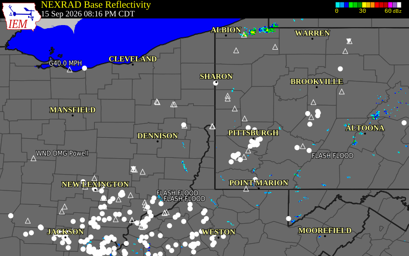 Current NEXRAD radar over Columbiana County, Ohio with recent storm report locations