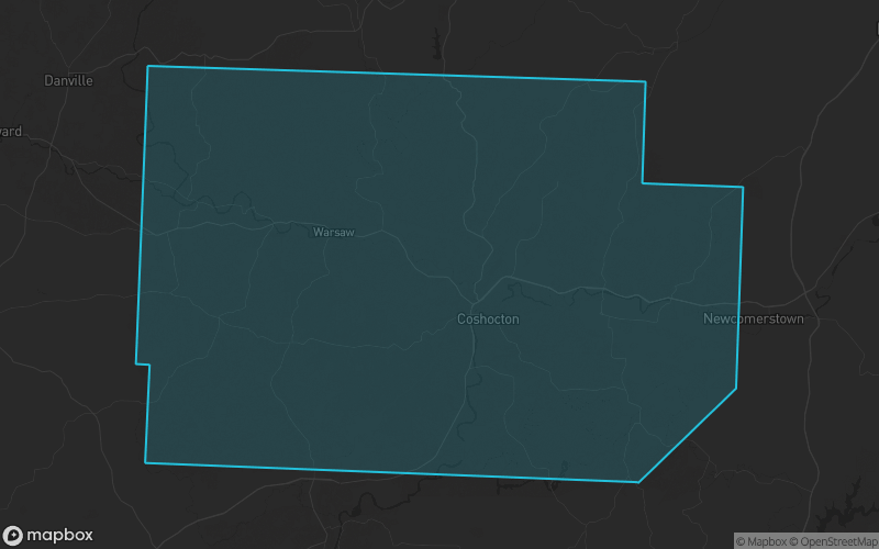 Map of Coshocton County, Ohio showing the county boundary and surrounding cities