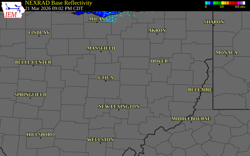NEXRAD radar during the Saturday, March 21, 2026 storm activity in Coshocton County, Ohio