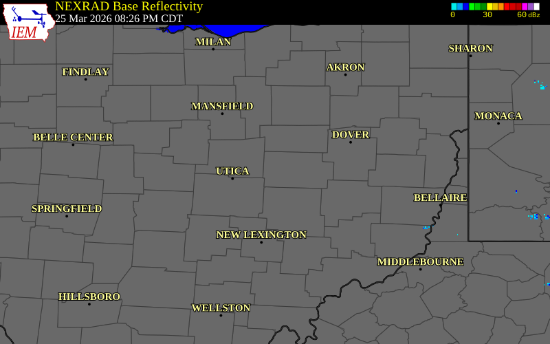 NEXRAD radar during the Wednesday, March 25, 2026 storm activity in Coshocton County, Ohio