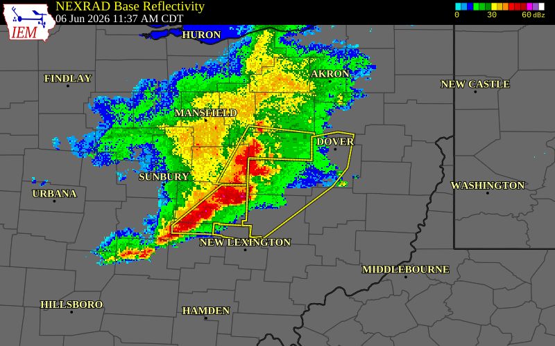 NEXRAD radar during the Saturday, June 6, 2026 storm activity in Coshocton County, Ohio
