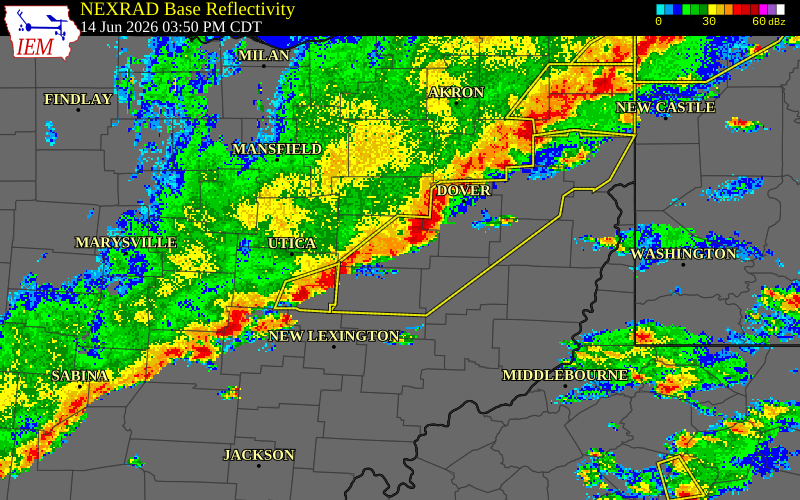 NEXRAD radar during the Sunday, June 14, 2026 storm activity in Coshocton County, Ohio