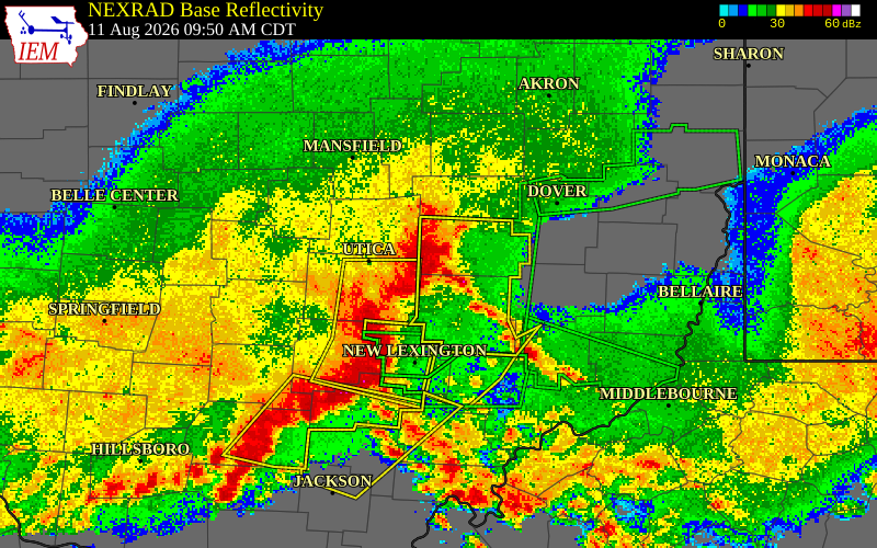 NEXRAD radar during the Tuesday, August 11, 2026 storm activity in Coshocton County, Ohio