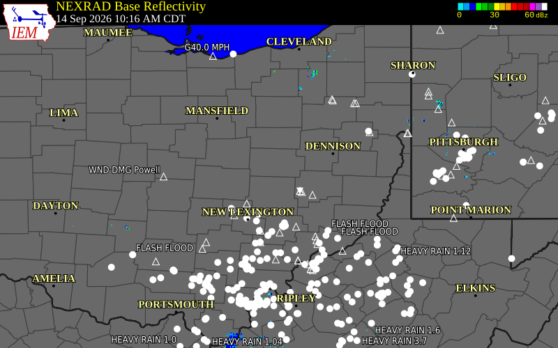 Current NEXRAD radar over Coshocton County, Ohio with recent storm report locations