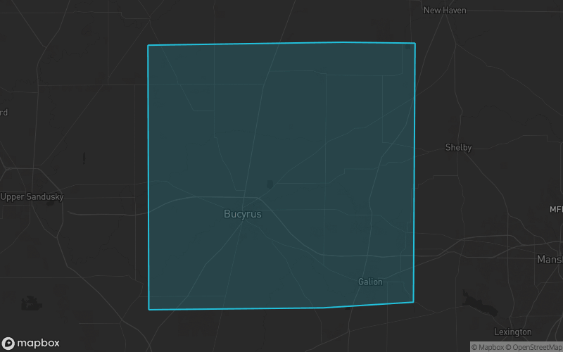 Map of Crawford County, Ohio showing the county boundary and surrounding cities