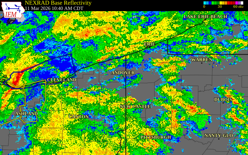NEXRAD radar during the Wednesday, March 11, 2026 storm activity in Crawford County, Ohio