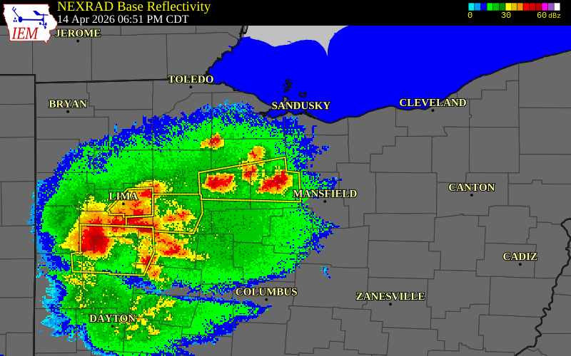NEXRAD radar during the Tuesday, April 14, 2026 storm activity in Crawford County, Ohio