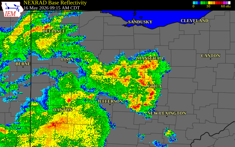 NEXRAD radar during the Saturday, May 16, 2026 storm activity in Crawford County, Ohio