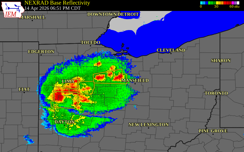 Radar snapshot during the Apr 14, 2026 hail event near 1 SE New Washington, Crawford County, Ohio, with NWS warning polygons