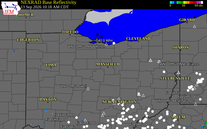 Current NEXRAD radar over Crawford County, Ohio with recent storm report locations