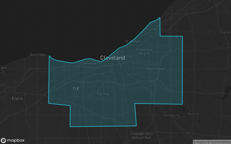 Map of Cuyahoga County, Ohio showing the county boundary and surrounding cities
