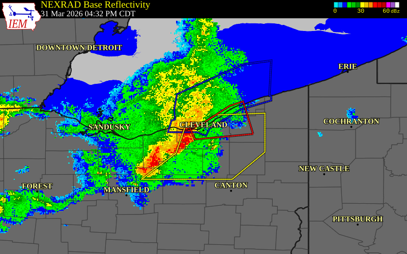 NEXRAD radar during the Tuesday, March 31, 2026 storm activity in Cuyahoga County, Ohio