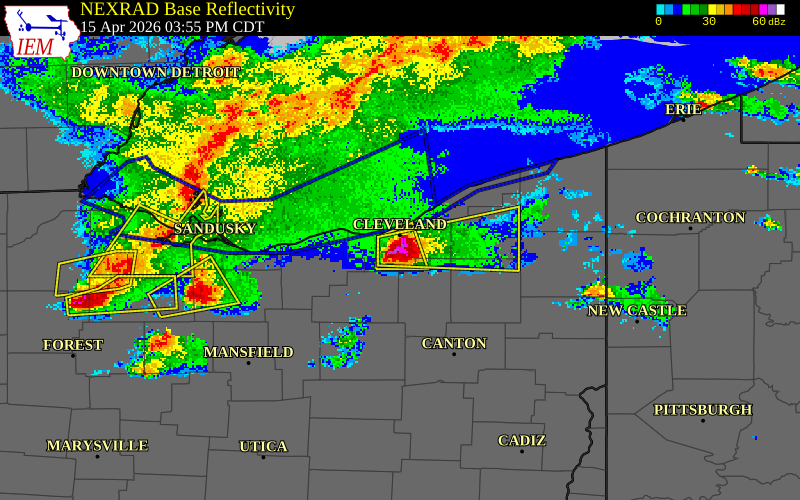 NEXRAD radar during the Wednesday, April 15, 2026 storm activity in Cuyahoga County, Ohio