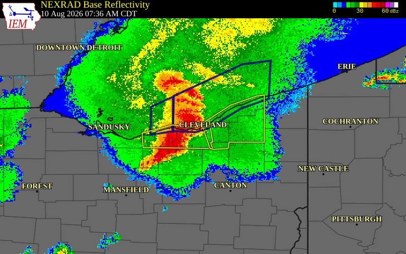 NEXRAD radar during the Monday, August 10, 2026 storm activity in Cuyahoga County, Ohio