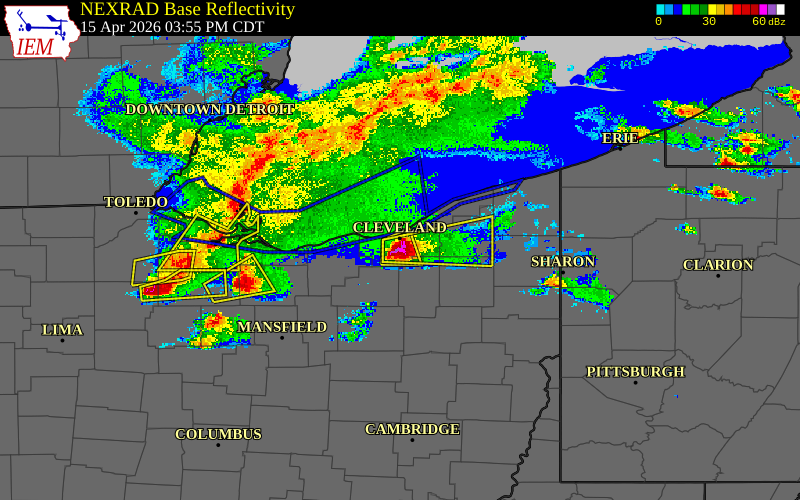 Radar snapshot during the Apr 15, 2026 hail event near 1 N Seven Hills, Cuyahoga County, Ohio, with NWS warning polygons