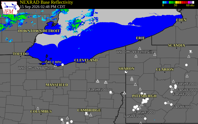 Current NEXRAD radar over Cuyahoga County, Ohio with recent storm report locations