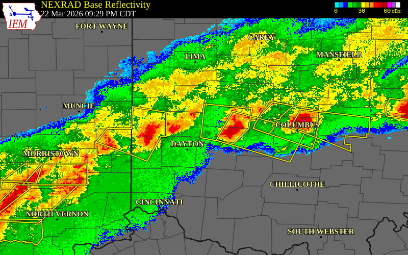 NEXRAD radar during the Sunday, March 22, 2026 storm activity in Darke County, Ohio