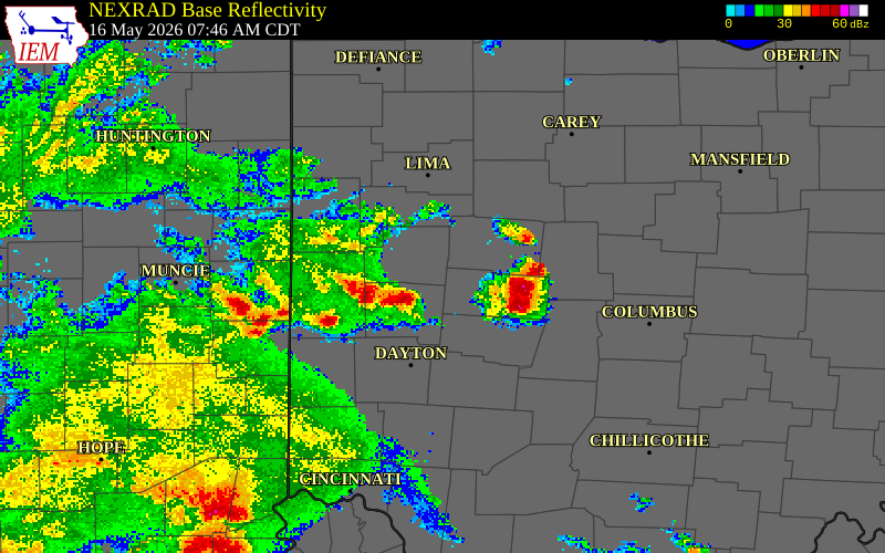 NEXRAD radar during the Saturday, May 16, 2026 storm activity in Darke County, Ohio