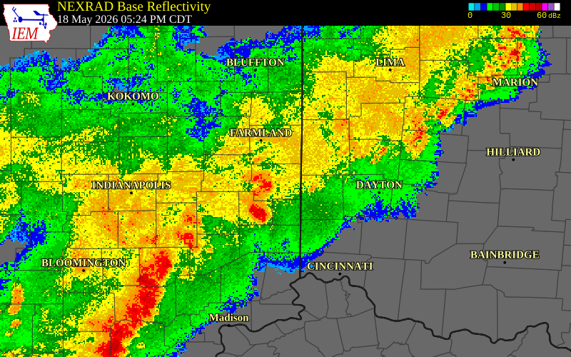 NEXRAD radar during the Monday, May 18, 2026 storm activity in Darke County, Ohio