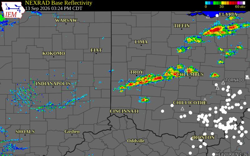 Current NEXRAD radar over Darke County, Ohio with recent storm report locations