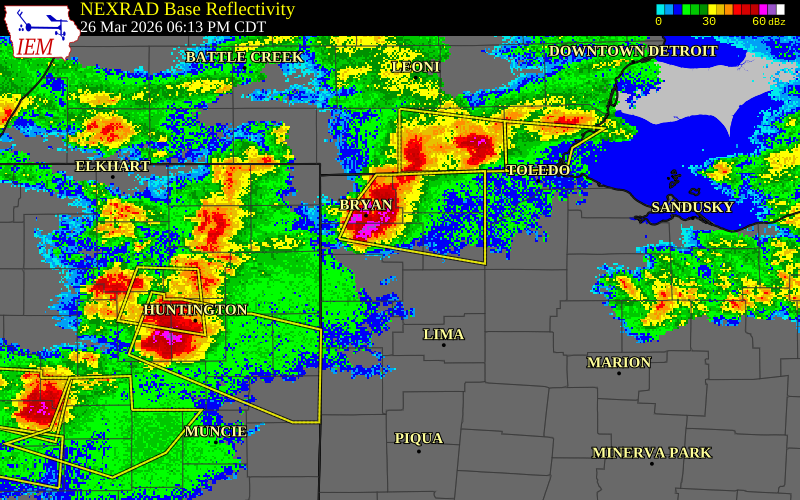 NEXRAD radar during the Thursday, March 26, 2026 storm activity in Defiance County, Ohio
