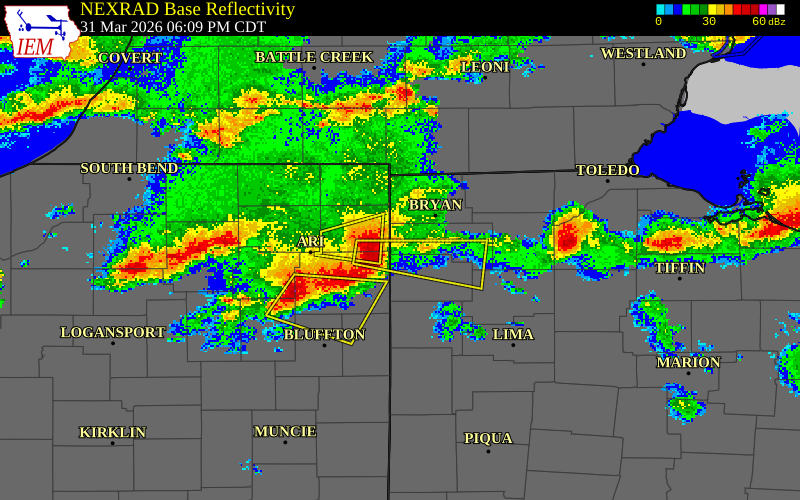 NEXRAD radar during the Tuesday, March 31, 2026 storm activity in Defiance County, Ohio